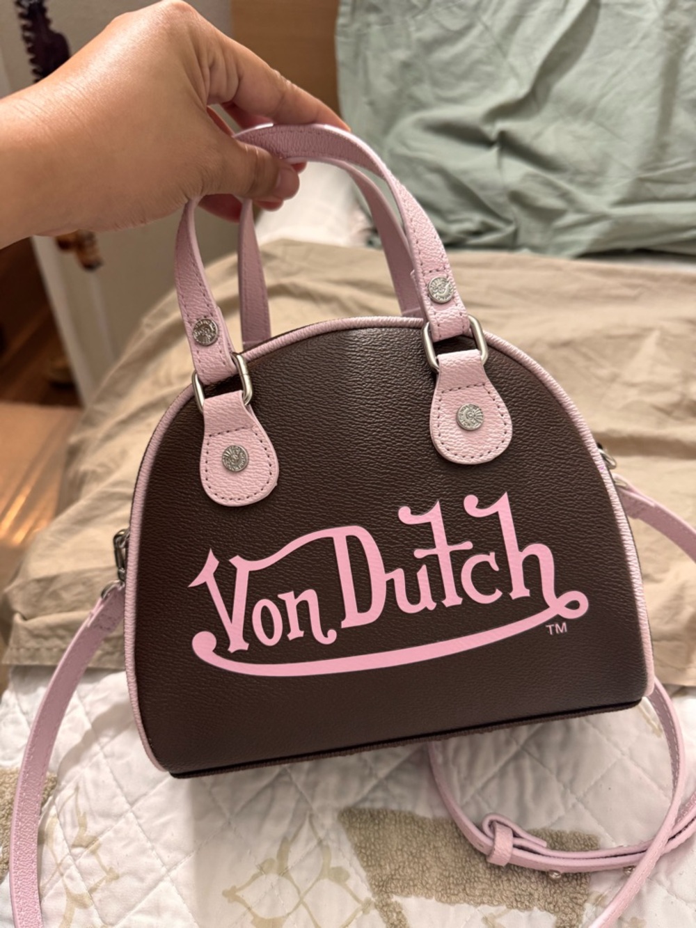 Von Dutch Brown Mini Dome Satchel with Pink Trim